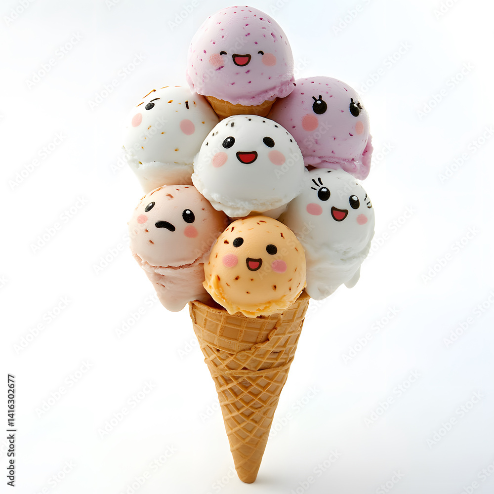 Stacked cartoon ice cream scoops in pastel colors, each with unique cute face, sitting atop cone and isolated on white, perfect for fun food art, summer themes, dessert illustrations.