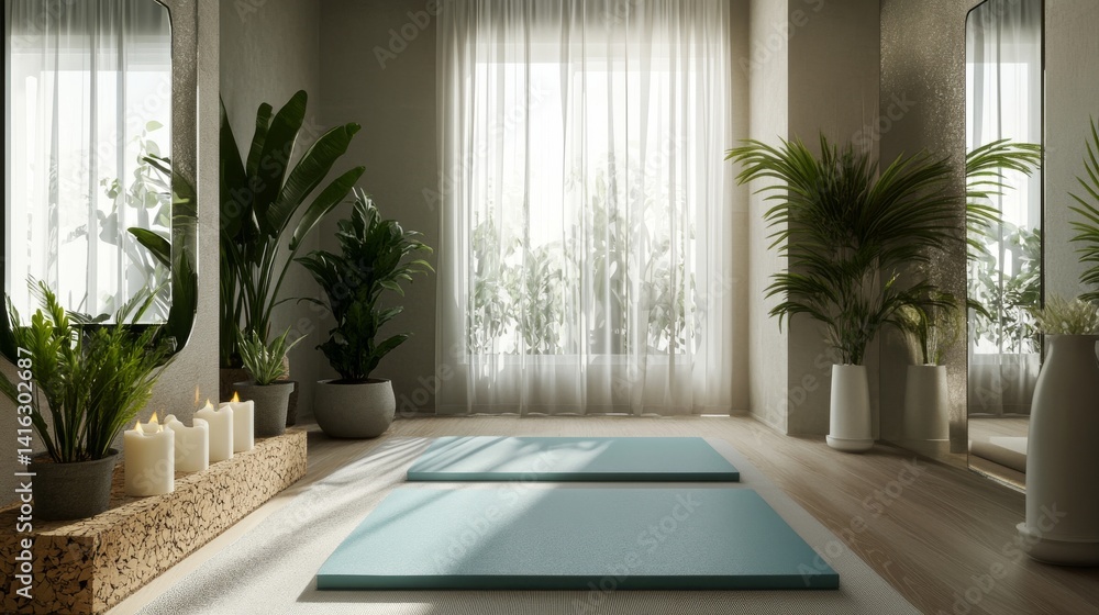 Fototapeta premium Contemporary meditation room, aqua exercise mat laid flat on light hardwood flooring, frameless full-length mirror, potted green plants in gray planters, natural cork prop block, white candle