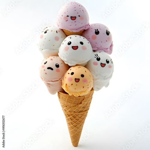 Obraz na płótnie Stacked cartoon ice cream scoops in pastel colors, each with unique cute face, sitting atop cone and isolated on white, perfect for fun food art, summer themes, dessert illustrations. w salonie