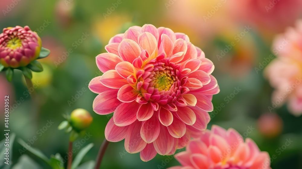 A close up shot of a vibrant pink dahlia flower in full bloom with a soft green bokeh background A close up shot of a vibrant pink dahlia flower in full bloom with a soft green bokeh background