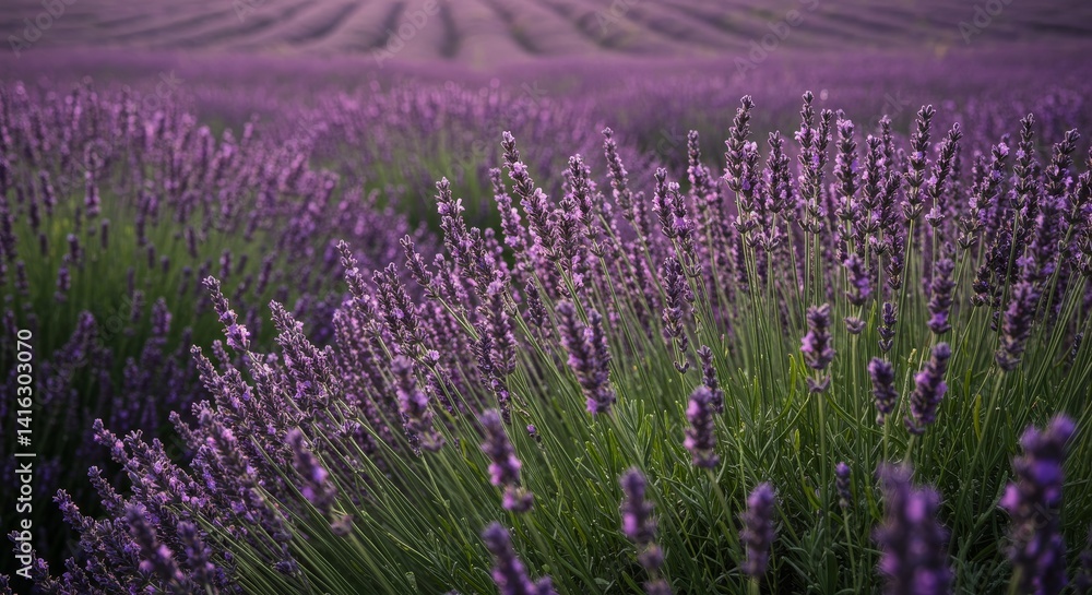 Obraz premium Tranquil Lavender Field - Serene of a vast lavender field, showcasing rows of purple lavender blossoms under soft light. Perfect for relaxation themes