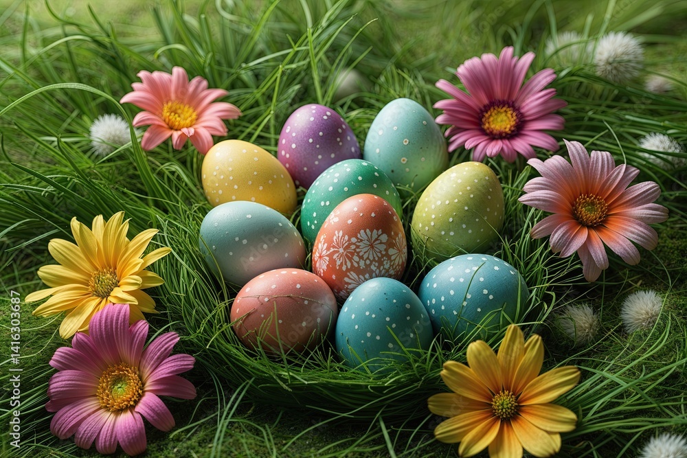 Charming Easter Tableau with Tinted Eggs in Lush Green Grass and Radiant Seasonal Flowers Charming Easter Tableau with Tinted Eggs in Lush Green Grass and Radiant Seasonal Flowers
