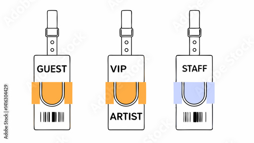 colorful event wristbands with unique typography and barcode design paper wristbands featuring guest vip staff and artist passes for secure admission ticket   pass admission access vector set