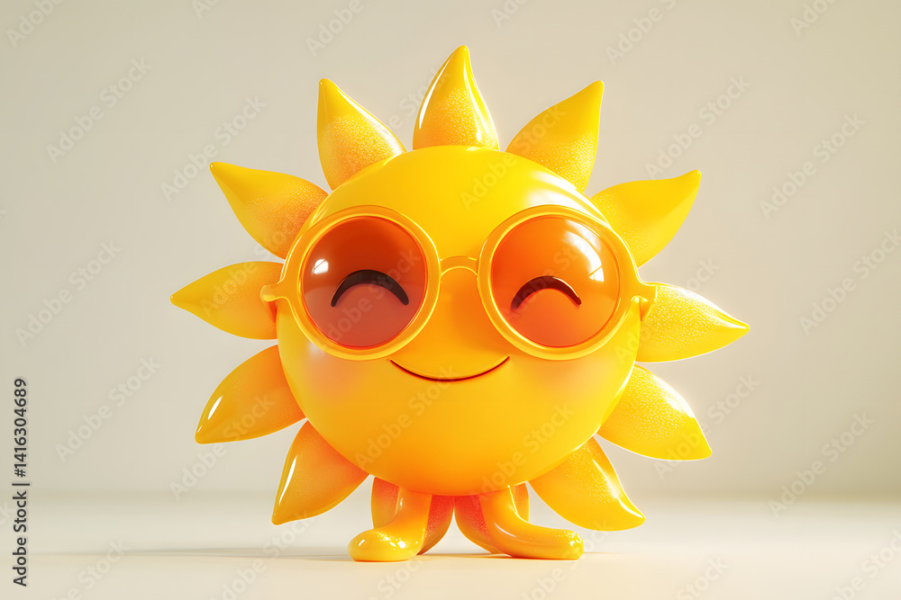 Cheerful cartoon sun character with big smile and stylish sunglasses radiating positive energy warmth, illustrated on white background for summer, weather, kids design themes.