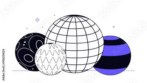 futuristic 3d spheres with decay particles hologram of planet earth geometric spheres magic balls round 3d figures black and white set of geometric shapes holograms science fiction vector set