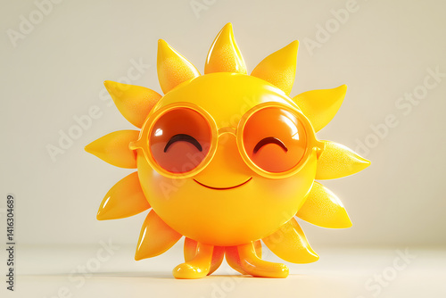 Obraz na płótnie Cheerful cartoon sun character with big smile and stylish sunglasses radiating positive energy warmth, illustrated on white background for summer, weather, kids design themes. w salonie