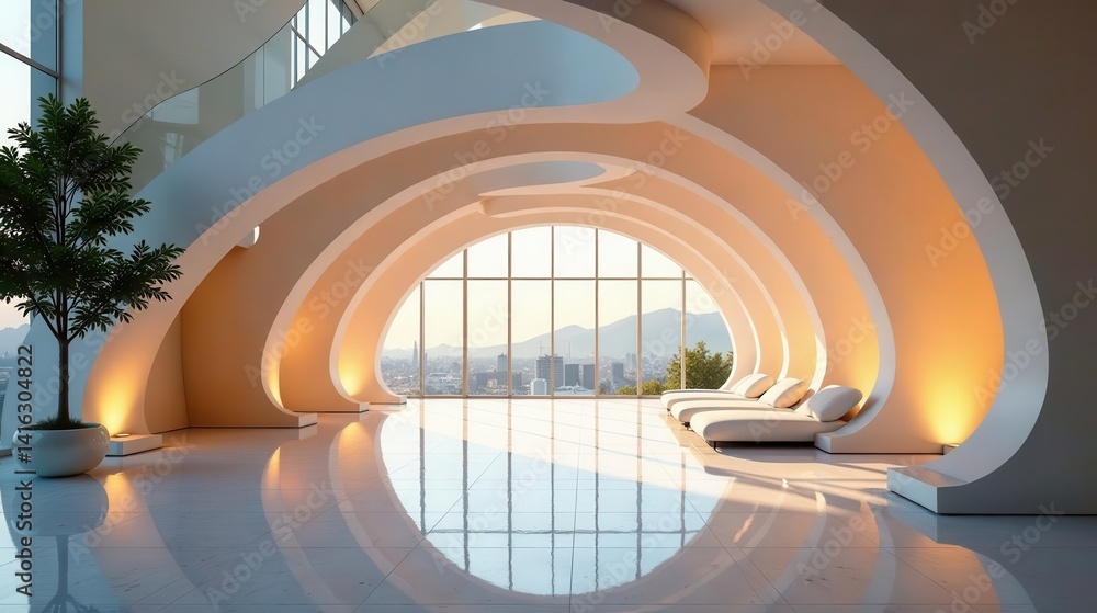 Fototapeta premium Serene Architectural Interior with Panoramic View and Curving Walls, Illuminated Lounges, and Reflective Flooring