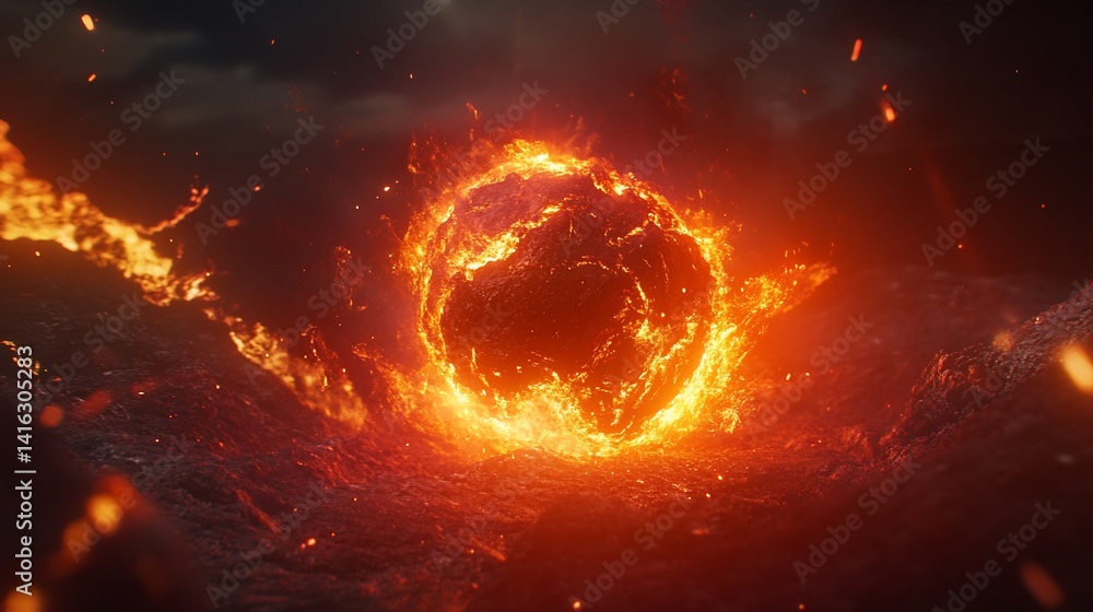 Fiery Inferno: A Blazing Sphere Descends Upon Volcanic Landscape