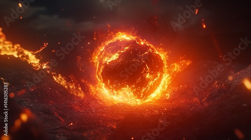 Fiery Inferno: A Blazing Sphere Descends Upon Volcanic Landscape