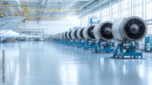 Aircraft engine manufacturing: row of turbofan engines on factory floor