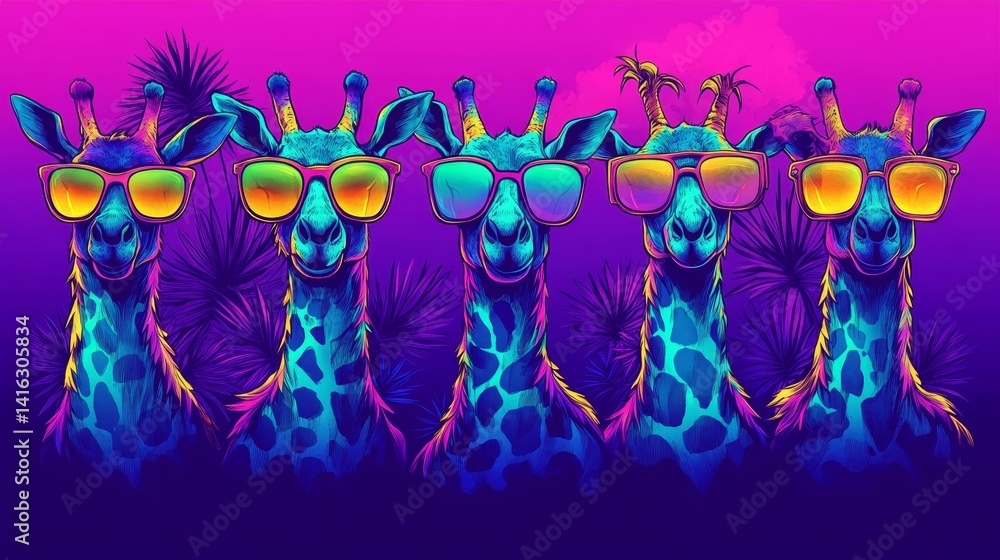 Fototapeta Neon Giraffe Crew Party Artwork, a vibrant and funky illustration, showcasing a group of giraffes sporting sunglasses in a cool pixel art style backdrop