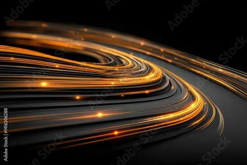 A dynamic swirl of glowing golden light trails against a dark background, creating a sense of motion and energy.