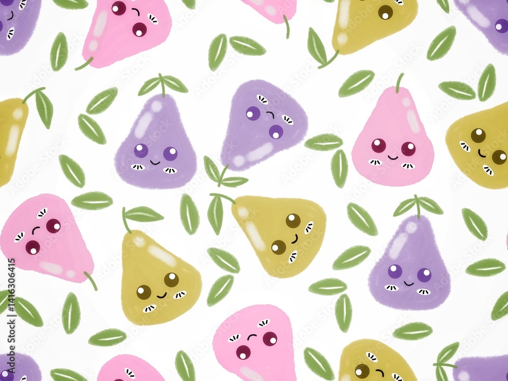 Naklejka premium cute pear fruit seamless pattern with smile face, colorful fruit design for kids. design for clothes, fabric, wrapping, wallpaper, and background