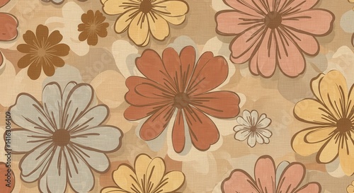 Retro floral pattern featuring brown, orange, and yellow flowers