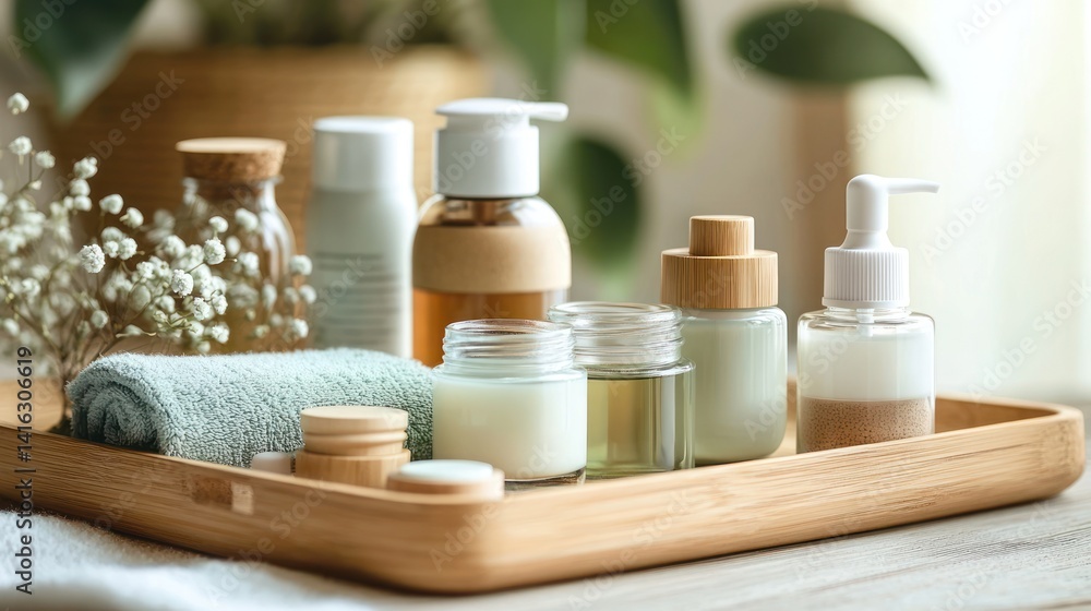 Organic Spa Products on Wooden Tray Organic Spa Products on Wooden Tray