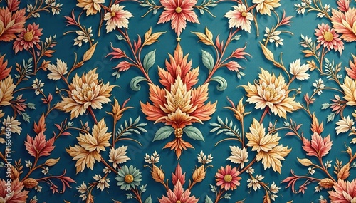 Intricate floral and leaf damask design in elegant muted tones , repeating pattern, classic, scroll pattern