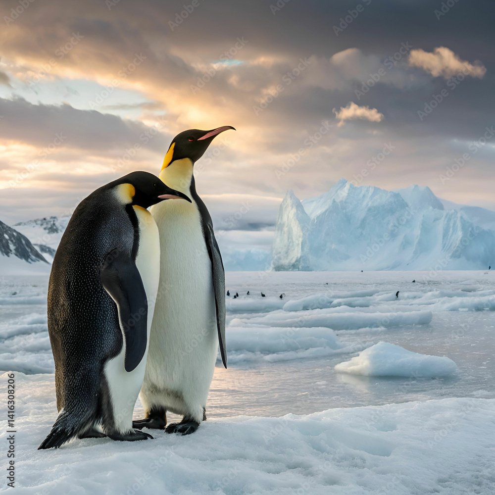 Fototapeta premium Penguins in Antarctic icefields, an ultra-realistic scene capturing the adorable penguins