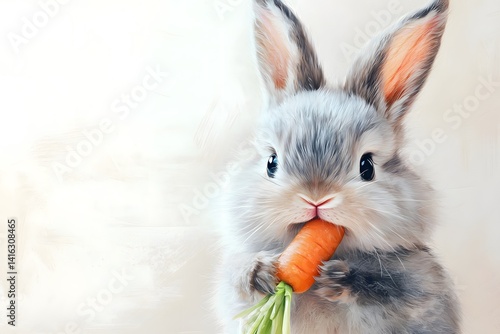 Fluffy cartoon bunny with soft pastel fur nibbling on bright orange carrot, captured in close-up style white background, perfect for kids animal art, spring themes, and sweet illustrations.
