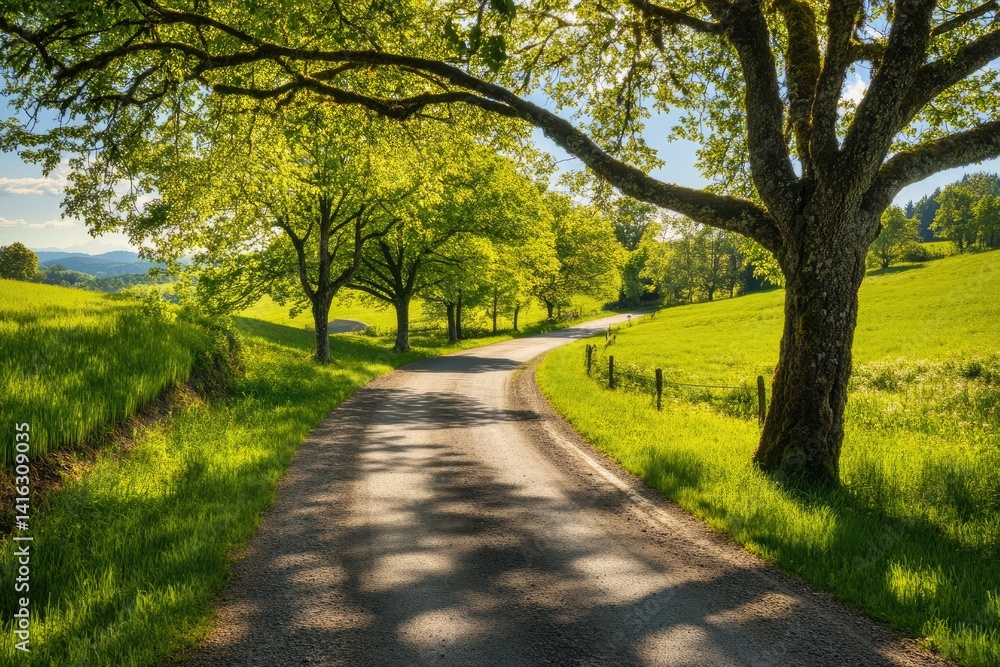 Naklejka premium Winding road through lush green landscape