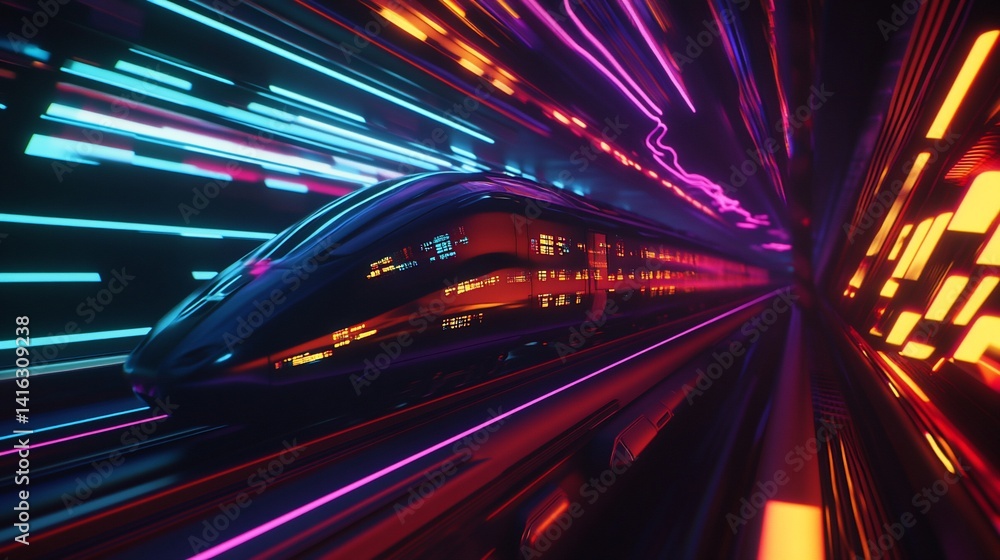 Futuristic High-Speed Train in Neon Tunnel