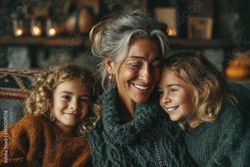 Cherishing family moments with grandmother and grandchildren at home cozy atmosphere