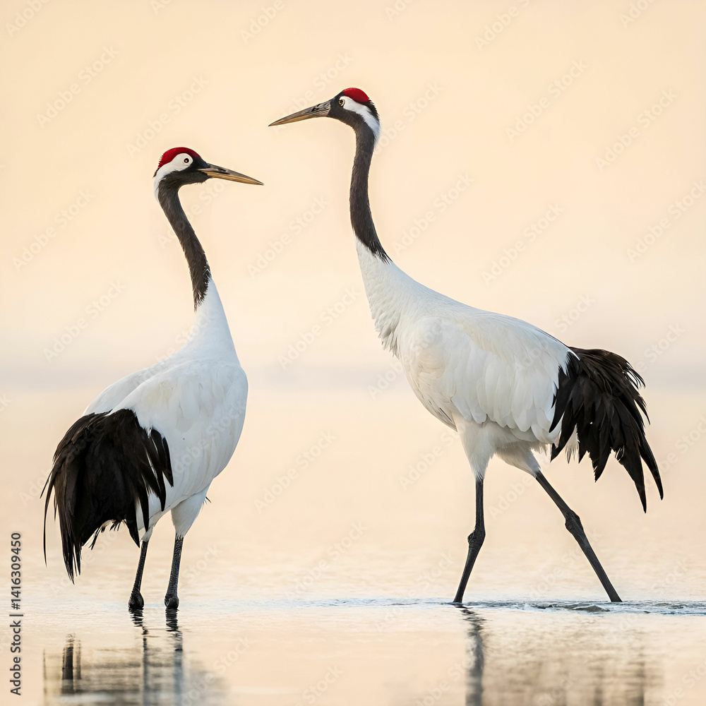 Obraz premium Red-crowned cranes, elegant full-body view of two cranes standing gracefully, with their striking red crowns and white feathers, set against a serene landscape of snow or tall grasses.