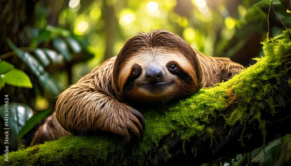 Fototapeta premium A sloth is resting on a branch in the forest.