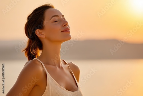 Relaxing woman enjoys sunset at beach lifestyle photography calm atmosphere