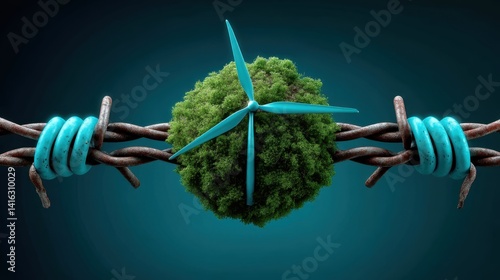 Conceptual Image of Green Energy with Wind Turbine on Barbed Wire