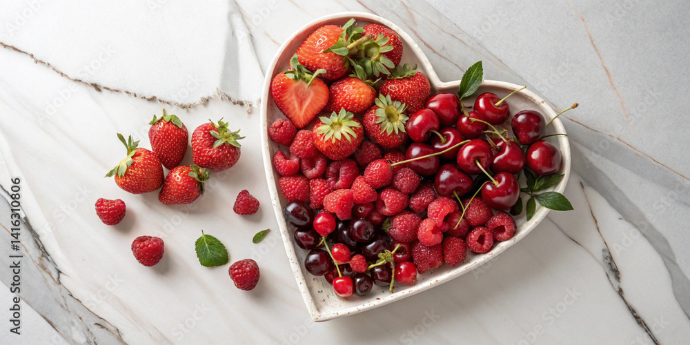 An overhead shot of a heart-shaped fruit platter filled with strawberries, raspberries, and cherries on a marble kitchen counter. An overhead shot of a heart-shaped fruit platter filled with strawberries, raspberries, and cherries on a marble kitchen counter.