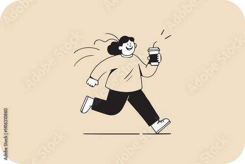 Rushing for that Morning Buzz: A Joyful Dash with Coffee in Hand.