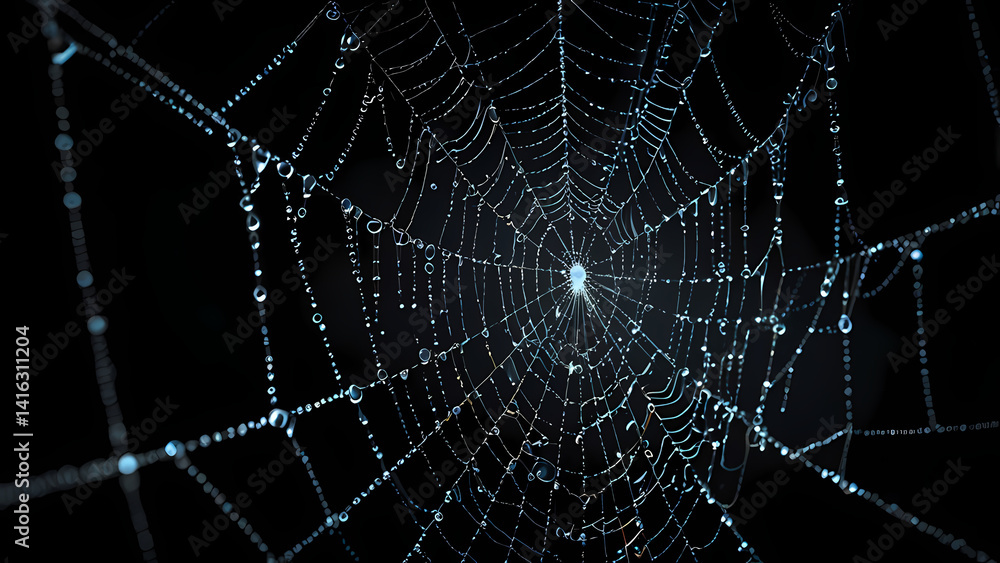 Naklejka premium Black Background with Illuminated Spider Web and Dew