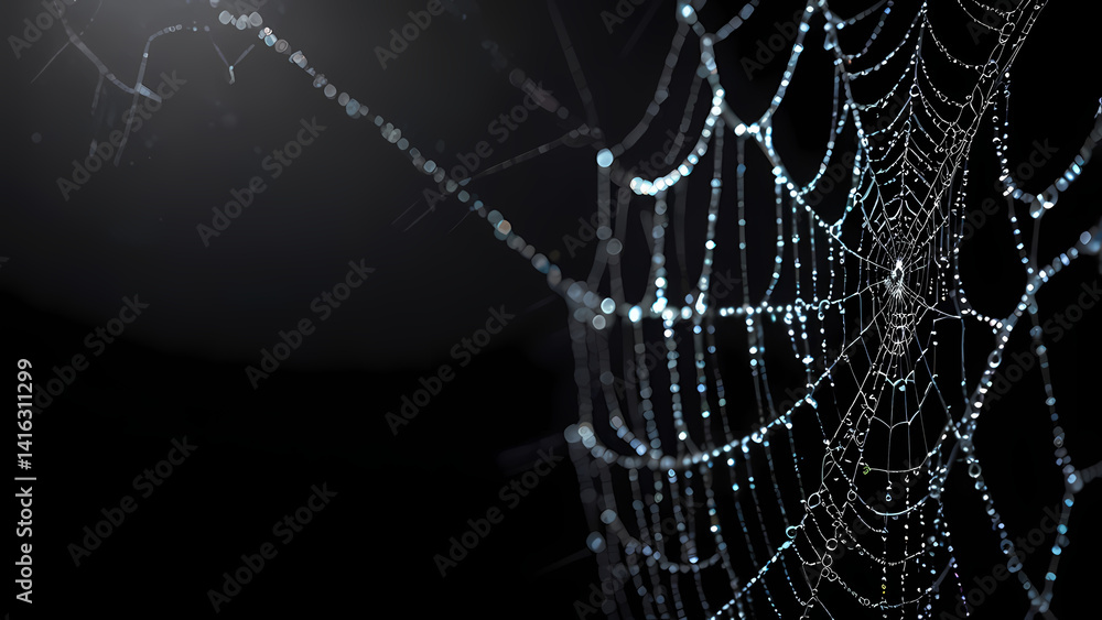 Naklejka premium Black Background with Illuminated Spider Web and Dew