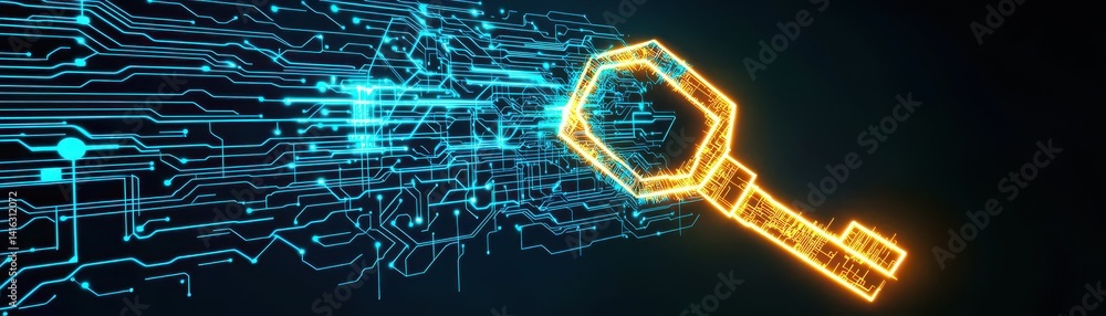 Obraz premium A digital key composed of vibrant circuitry elements, symbolizing security and technology in a futuristic context.