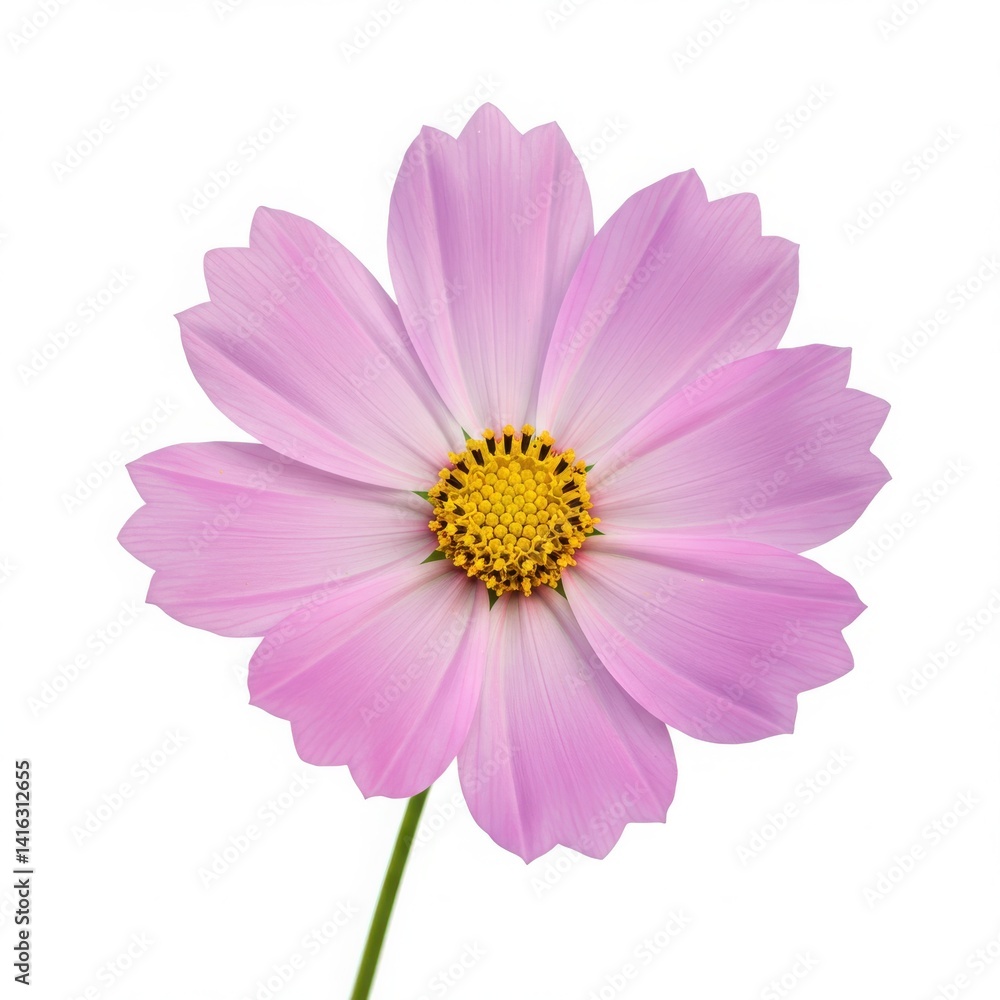 Isolated close up of a single pink cosmos flower with a bright yellow center on a white background Isolated close up of a single pink cosmos flower with a bright yellow center on a white background