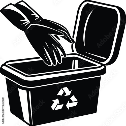 Gloved Hands Placing Item in Open Recycling Bin