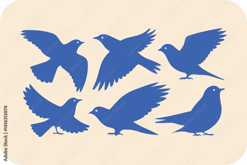 Obraz premium Soaring Blue Birds: A Collection of Six Silhouetted Birds in Various Flying Poses Against a Light Background, Evoking Freedom and Grace.
