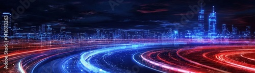 A vibrant cityscape at night, showcasing illuminated skyscrapers and dynamic light trails from moving vehicles.