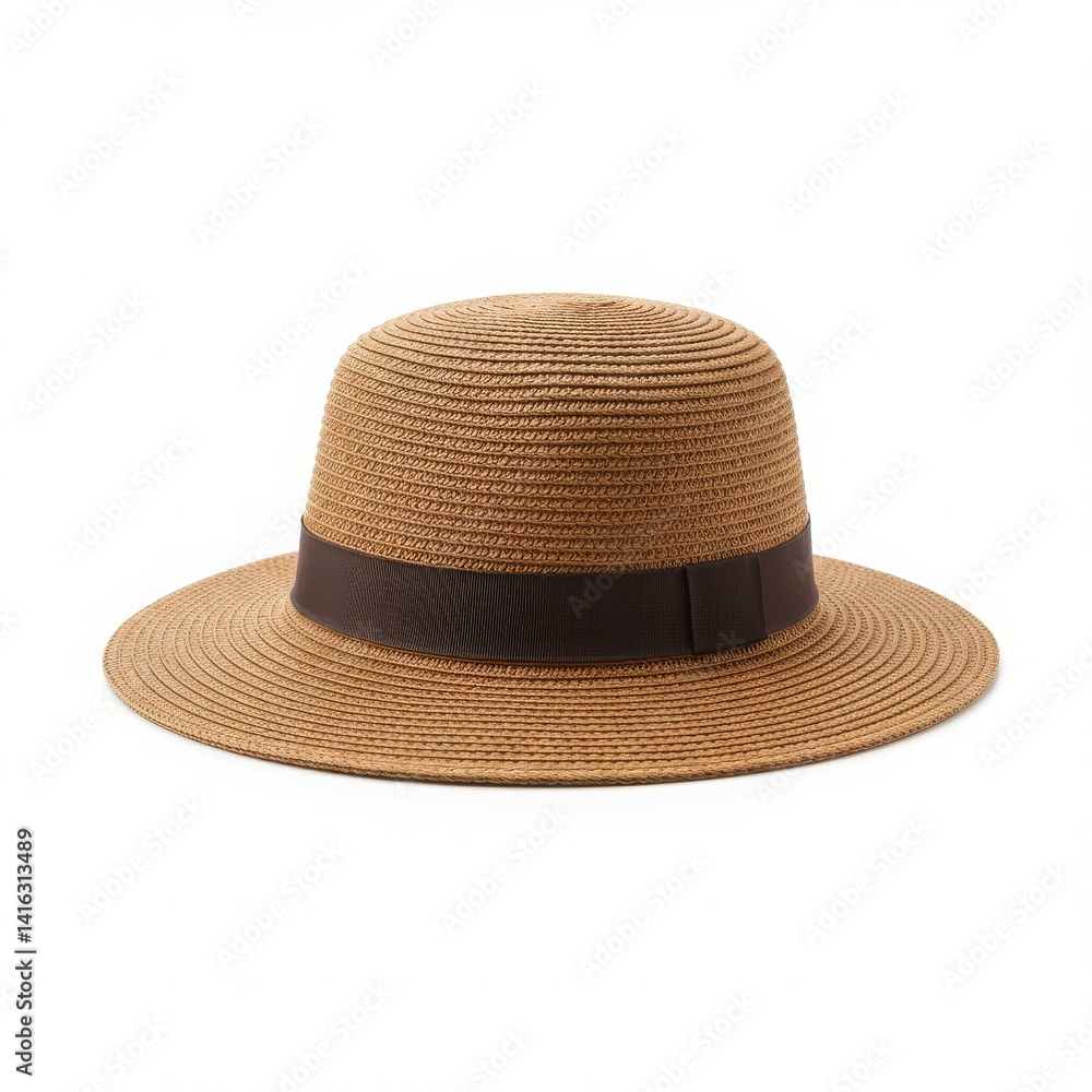 A straw hat with a brown ribbon around it sitting on a white background in a studio setting A straw hat with a brown ribbon around it sitting on a white background in a studio setting