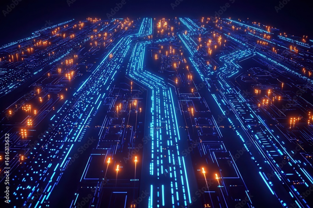 Fototapeta premium A vibrant digital landscape featuring illuminated pathways and circuit-like designs, creating a futuristic technological atmosphere.