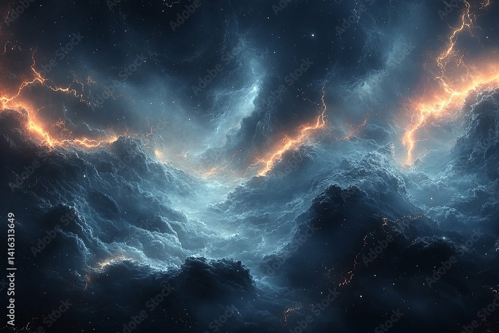 A dramatic depiction of a luminous night sky with lightning A dramatic depiction of a luminous night sky with lightning