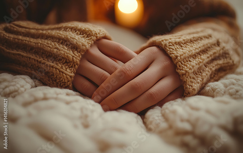hands clasped together in cozy sweater with warm candlelight in background