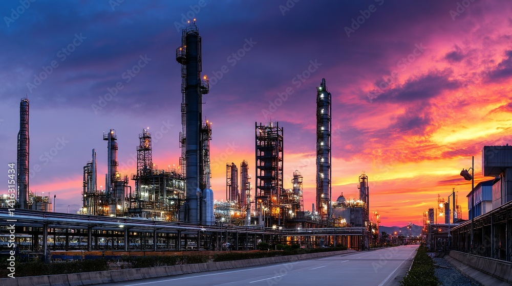 Industrial complex at sunset, illuminated by vibrant colors. Industrial complex at sunset, illuminated by vibrant colors.