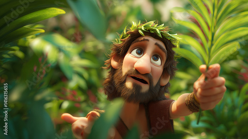 Cartoon Jesus Christ exploring lush jungle