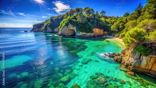 Secluded Coastal Cove  Azure Waters Meet Lush Green Cliffs and Sandy Shore, a Picturesque Paradise