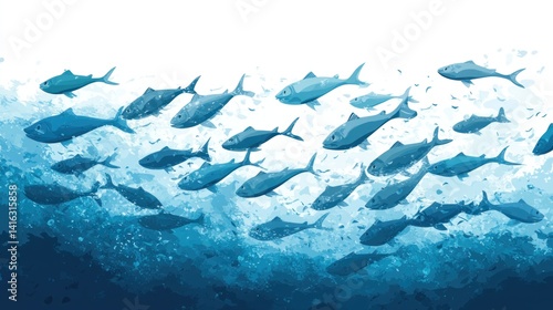 Ocean Scene School of Fish Swimming in Deep Water