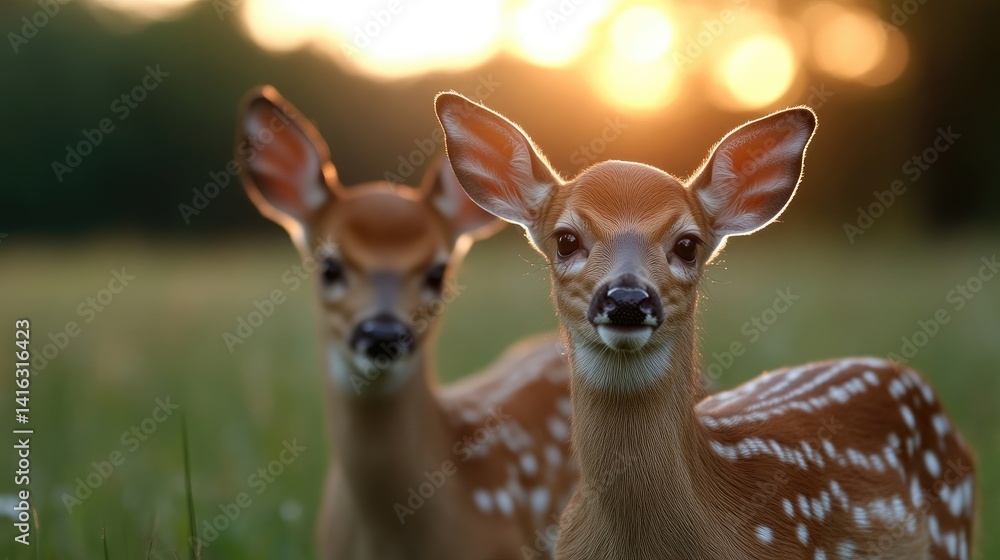 Two fawn deer face forward in a grassy field at sunset Two fawn deer face forward in a grassy field at sunset