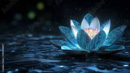 Glowing tech lotus flower on dark background: digital bloom with circuit board texture for modern technology and nature concepts 