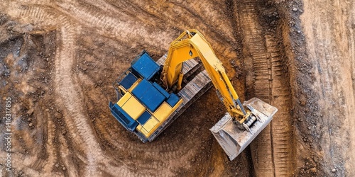 Aerial view of a yellow excavator working on a construction site, surrounded by dirt and machinery