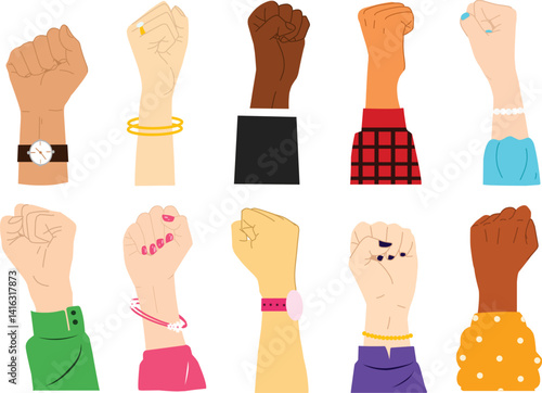 A powerful set of hand closed fist illustrations, featuring various angles, gestures, and skin tones, for concepts of strength, unity, protest, empowerment, and motivational designs.